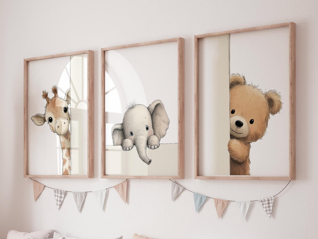 Peek a Boo Safari Animals Nursery Wall Art Set of 3, Giraffe Elephant Bear