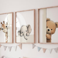 Peek a Boo Safari Animals Nursery Wall Art Set of 3, Giraffe Elephant Bear