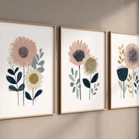Blush Floral Nursery Wall Art Set of 3, Boho Flower Prints