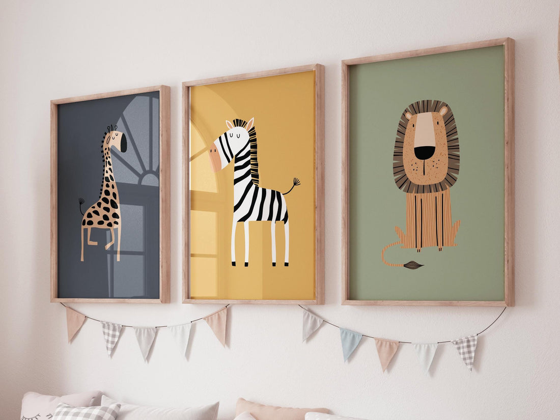 Safari Animal Nursery Prints: Boho Jungle Art, Set of 3