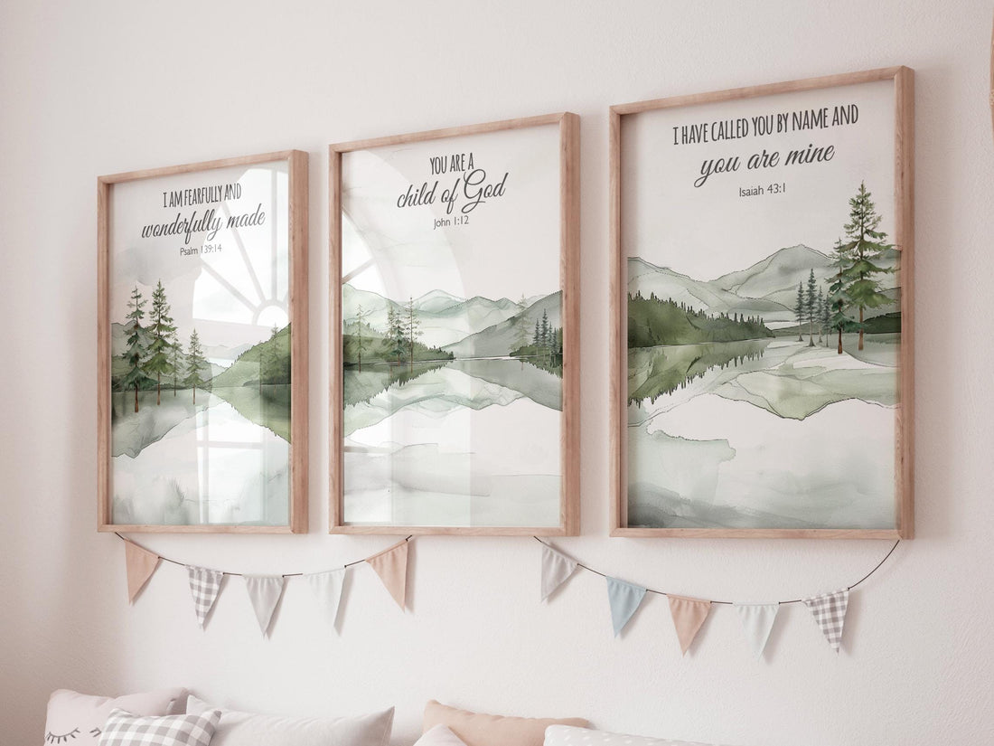 Mountain Nursery Art Print: Sage Green Forest, Bible Verse Decor