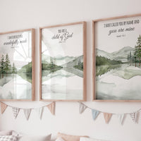 Mountain Nursery Art Print: Sage Green Forest, Bible Verse Decor