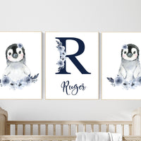 Penguin Nursery Wall Art Set of 3, Personalized Name Print
