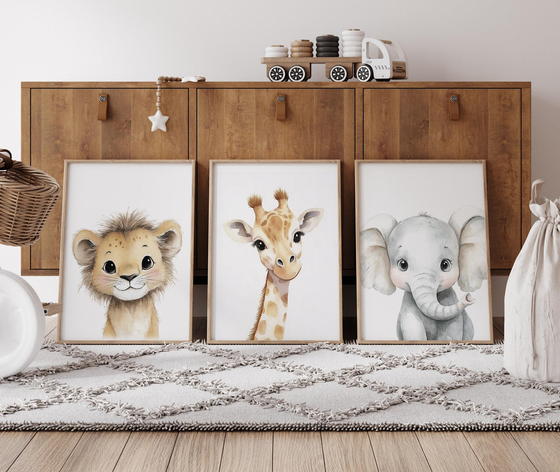 Safari Animal Nursery Prints: Watercolor Lion, Giraffe, Elephant Art (Set of 3)