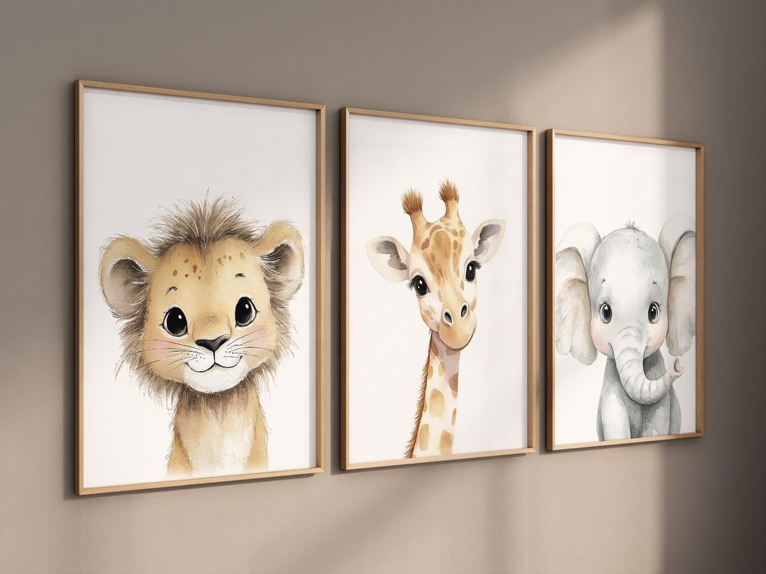 Safari Animal Nursery Prints: Watercolor Lion, Giraffe, Elephant Art (Set of 3)