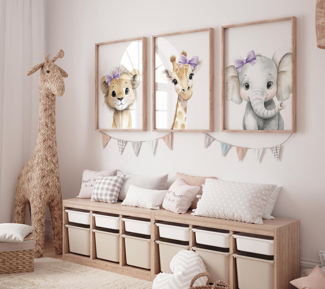 Baby Girl Nursery Wall Art Set, Safari Animals with Purple Bows