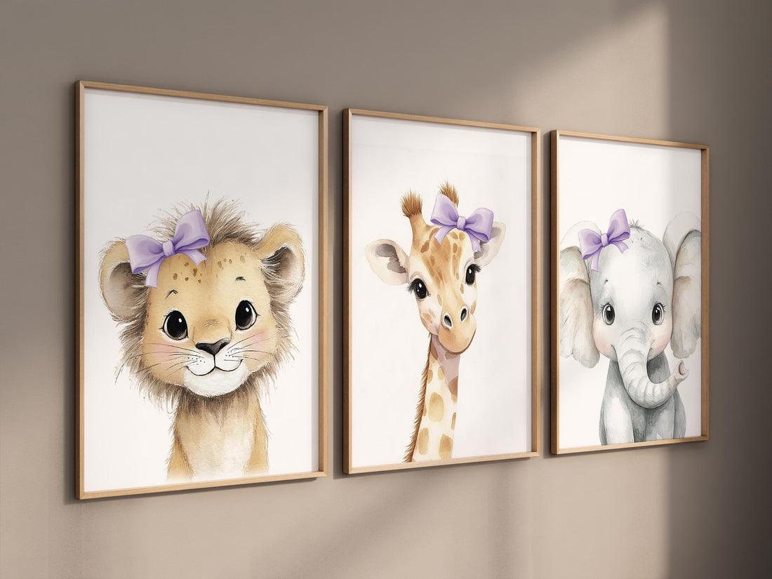 Baby Girl Nursery Wall Art Set, Safari Animals with Purple Bows