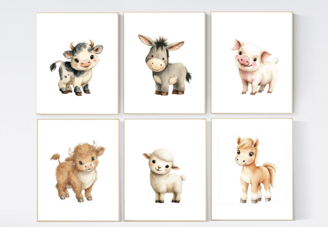 Farm Animal Nursery Prints Set of 6, Baby Farm Animals Wall Art