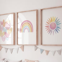 Pastel Rainbow Nursery Wall Art Set, Hearts Sun Prints