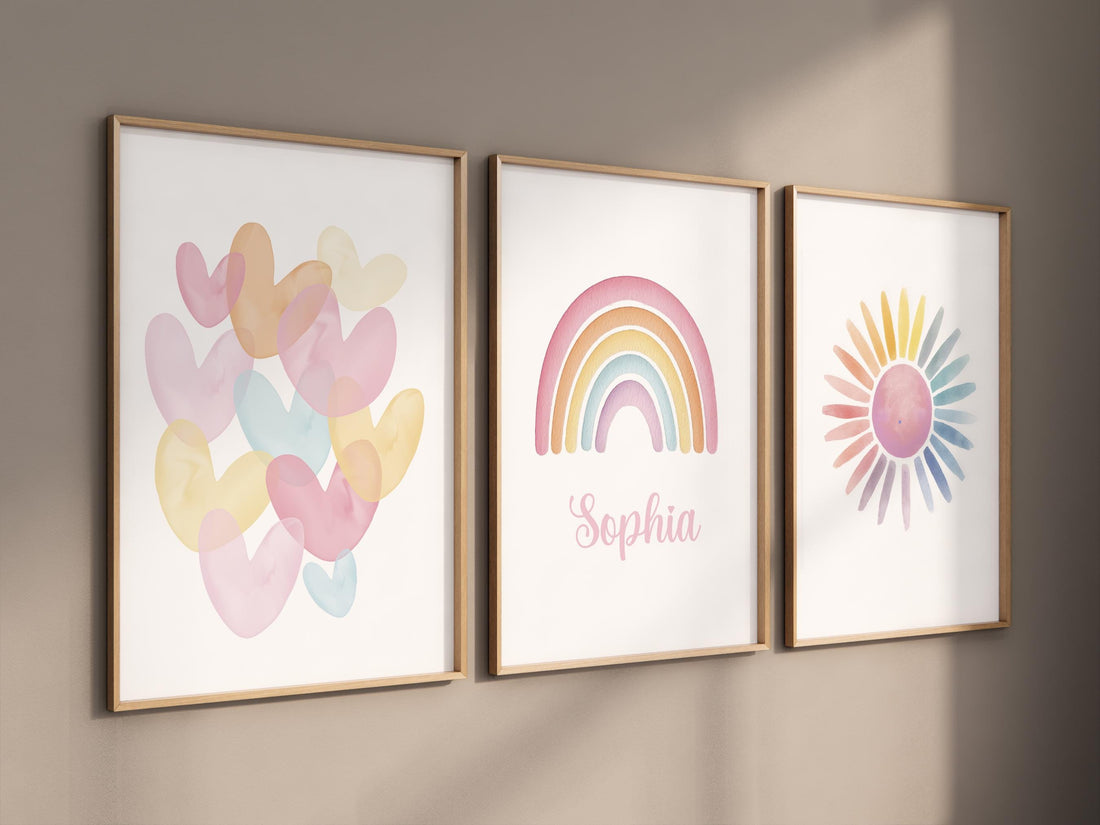 Personalized Rainbow Nursery Wall Art, Custom Name Print Set