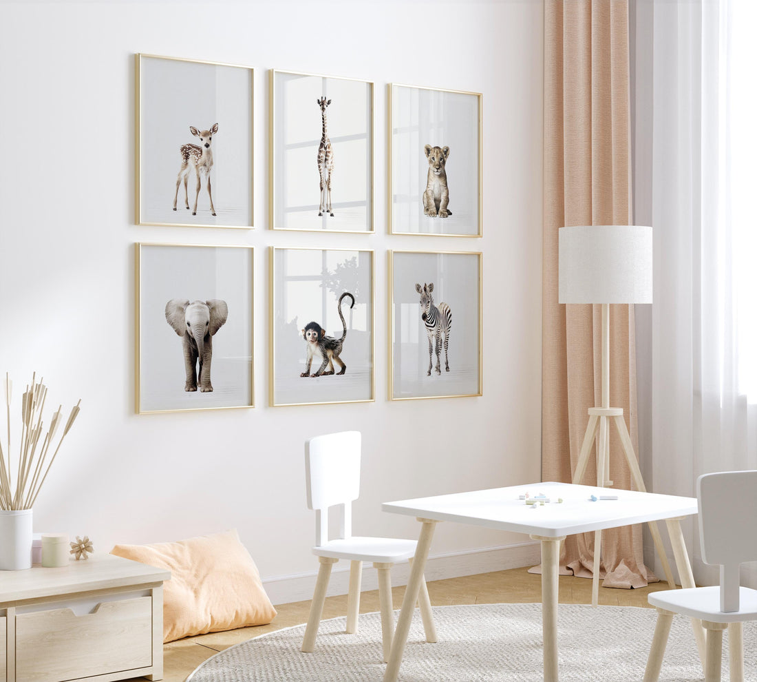Safari Nursery Wall Art Set of 6 Prints, Neutral Baby Animal Prints