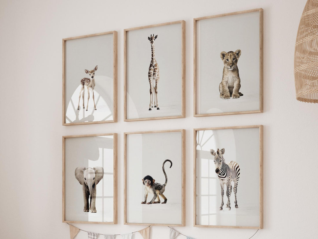 Safari Nursery Wall Art Set of 6 Prints, Neutral Baby Animal Prints