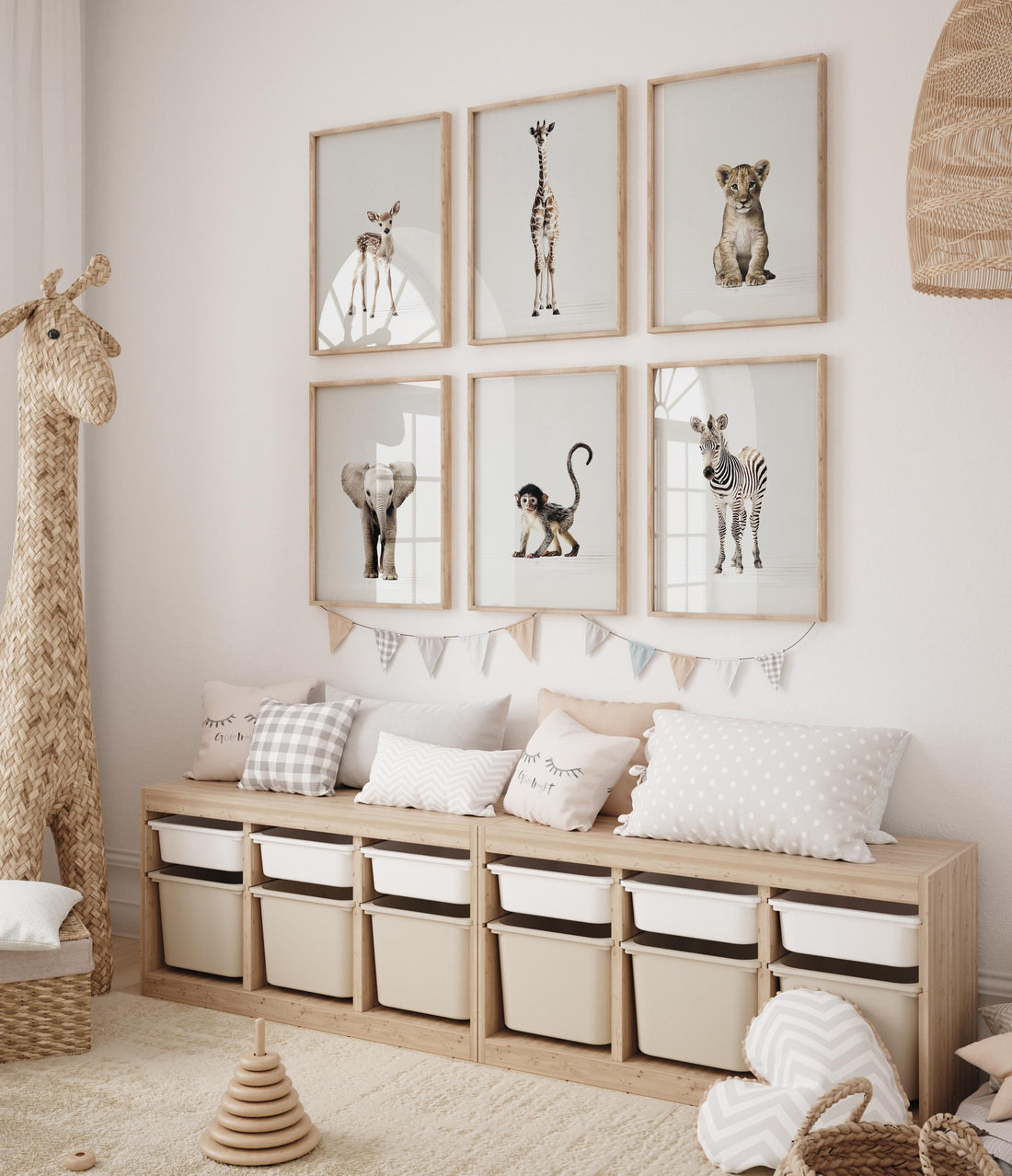Safari Nursery Wall Art Set of 6 Prints, Neutral Baby Animal Prints