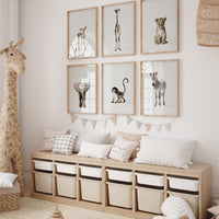 Safari Nursery Wall Art Set of 6 Prints, Neutral Baby Animal Prints