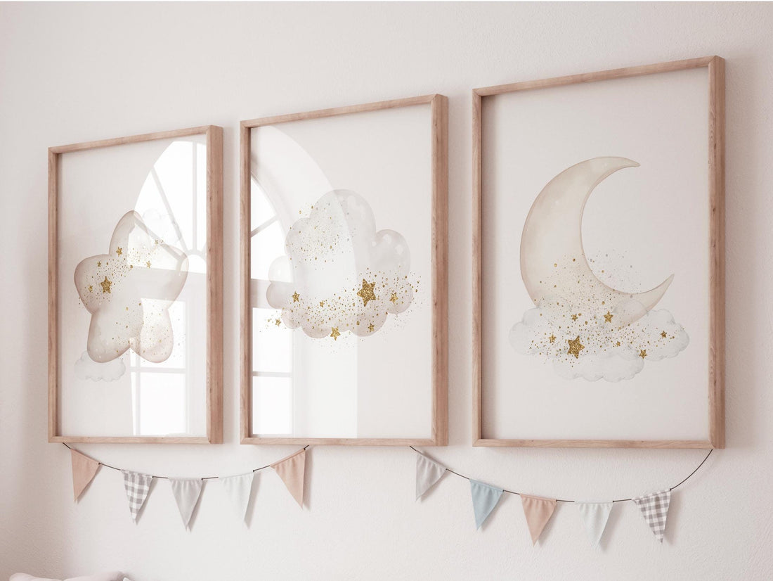 Neutral Moon Nursery Wall Art Set of 3, Star Cloud Prints