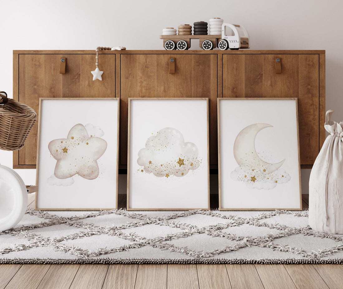 Neutral Moon Nursery Wall Art Set of 3, Star Cloud Prints