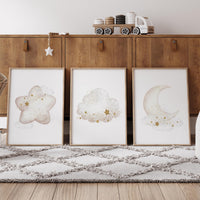 Neutral Moon Nursery Wall Art Set of 3, Star Cloud Prints