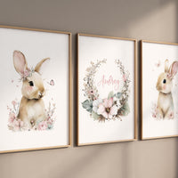 Personalized Bunny Nursery Wall Art Set of 3, Floral Rabbit Prints