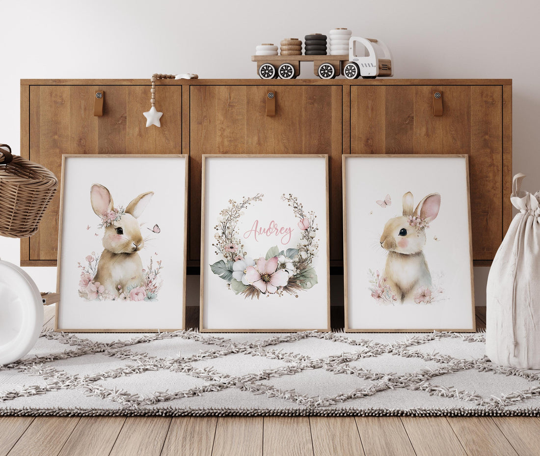 Personalized Bunny Nursery Wall Art Set of 3, Floral Rabbit Prints