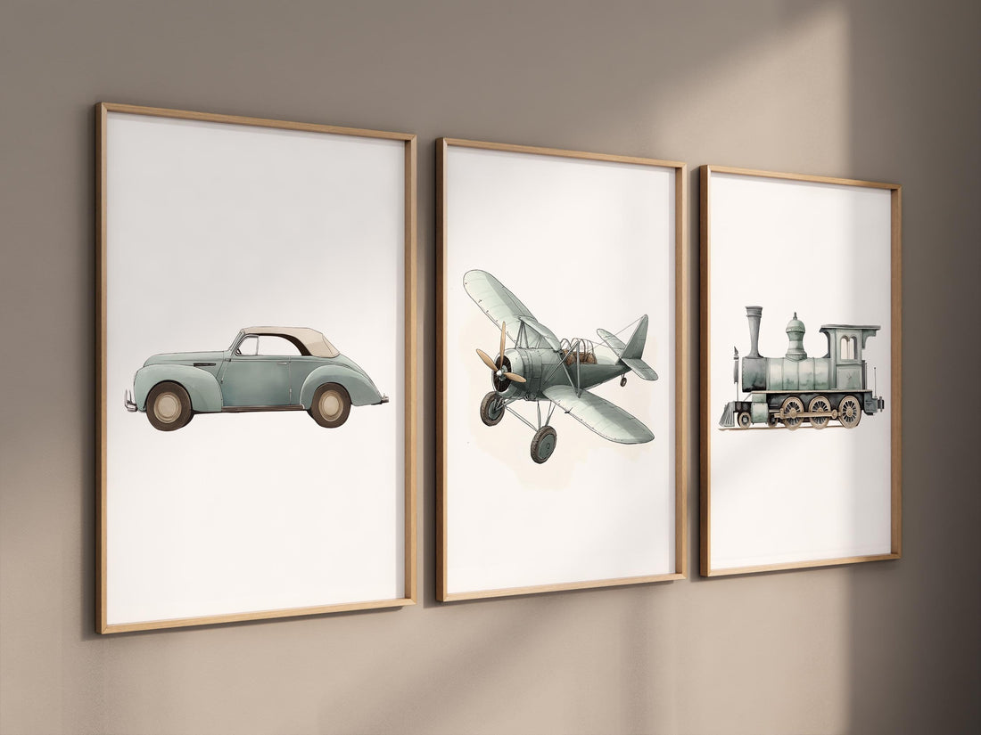 Vintage Vehicle Nursery Art Set of 3, Sage Green Car Airplane Train Prints