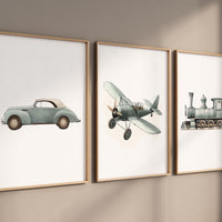Vintage Vehicle Nursery Art Set of 3, Sage Green Car Airplane Train Prints