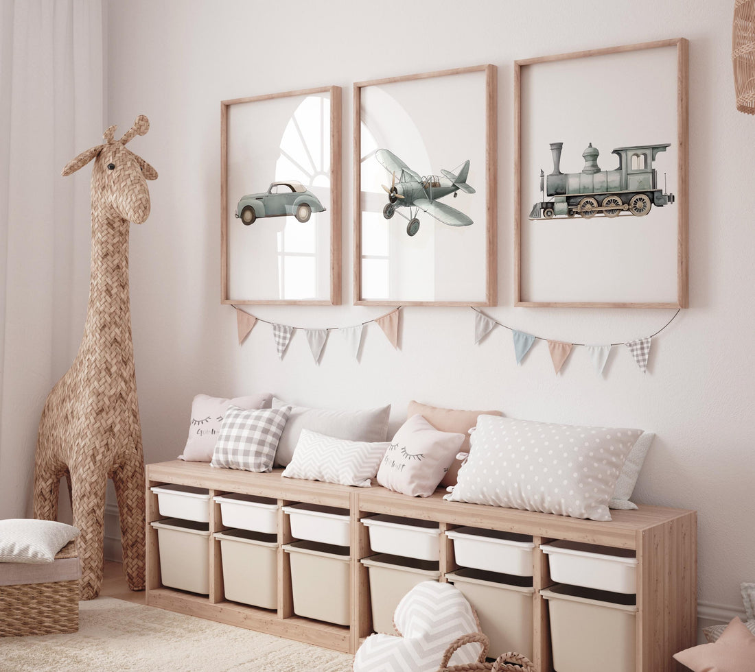 Vintage Vehicle Nursery Art Set of 3, Sage Green Car Airplane Train Prints
