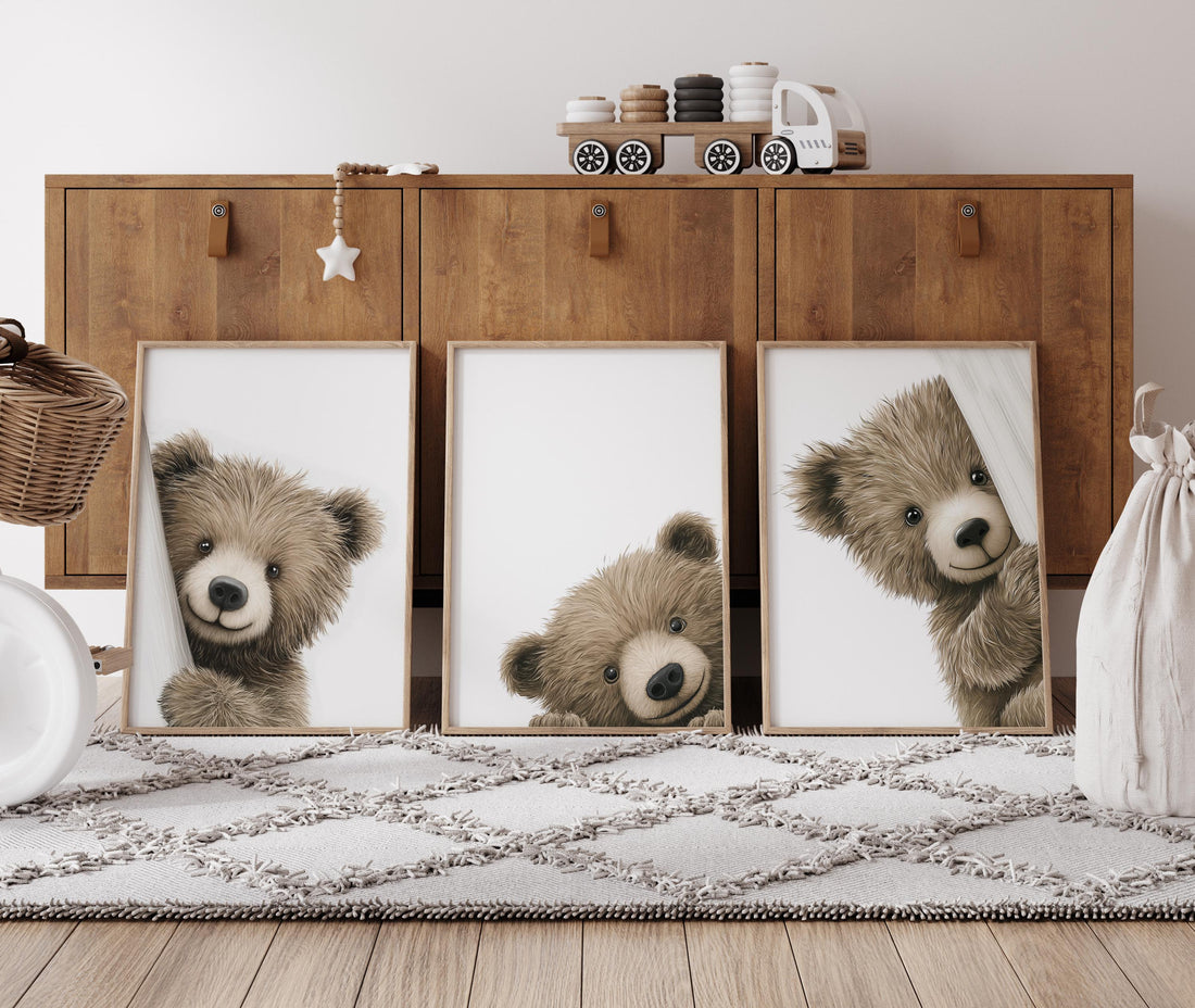Peek a Boo Bear Nursery Wall Art Set of 3, Neutral Woodland Bear Prints