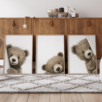 Peek a Boo Bear Nursery Wall Art Set of 3, Neutral Woodland Bear Prints