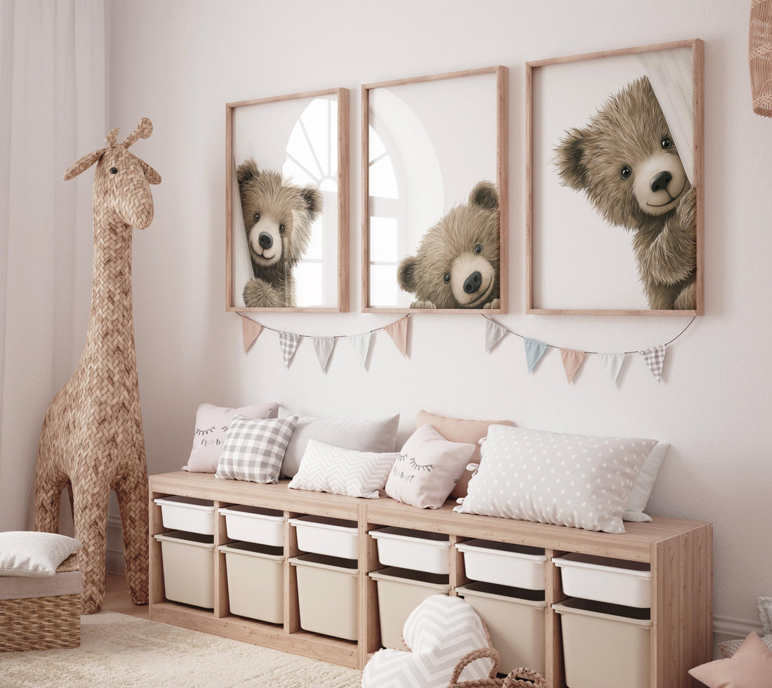Peek a Boo Bear Nursery Wall Art Set of 3, Neutral Woodland Bear Prints