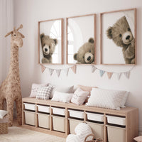 Peek a Boo Bear Nursery Wall Art Set of 3, Neutral Woodland Bear Prints
