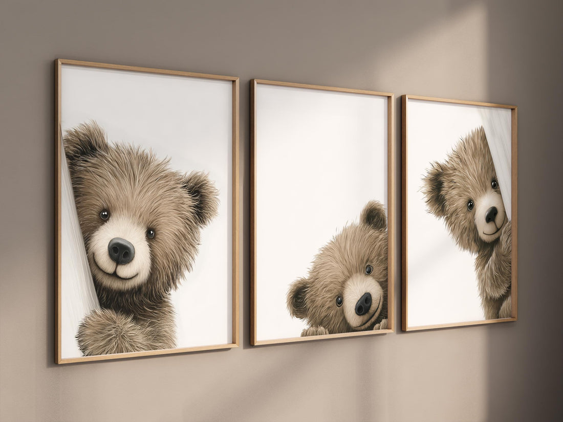 Peek a Boo Bear Nursery Wall Art Set of 3, Neutral Woodland Bear Prints