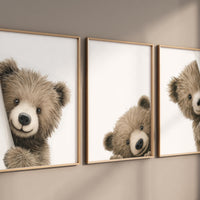 Peek a Boo Bear Nursery Wall Art Set of 3, Neutral Woodland Bear Prints
