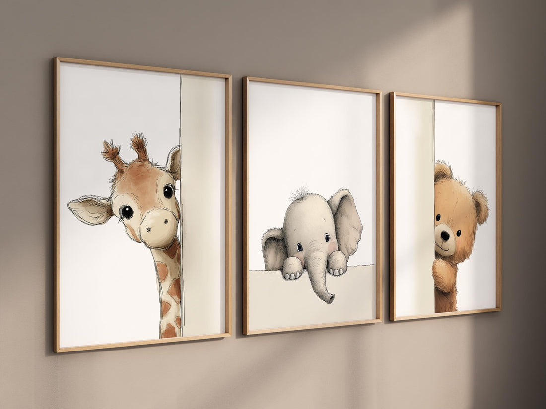 Peek a Boo Safari Animals Nursery Wall Art Set of 3, Giraffe Elephant Bear