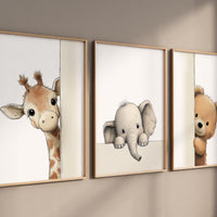 Peek a Boo Safari Animals Nursery Wall Art Set of 3, Giraffe Elephant Bear
