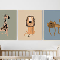 Safari Animal Nursery Prints, Boho Jungle Art, Set of 3