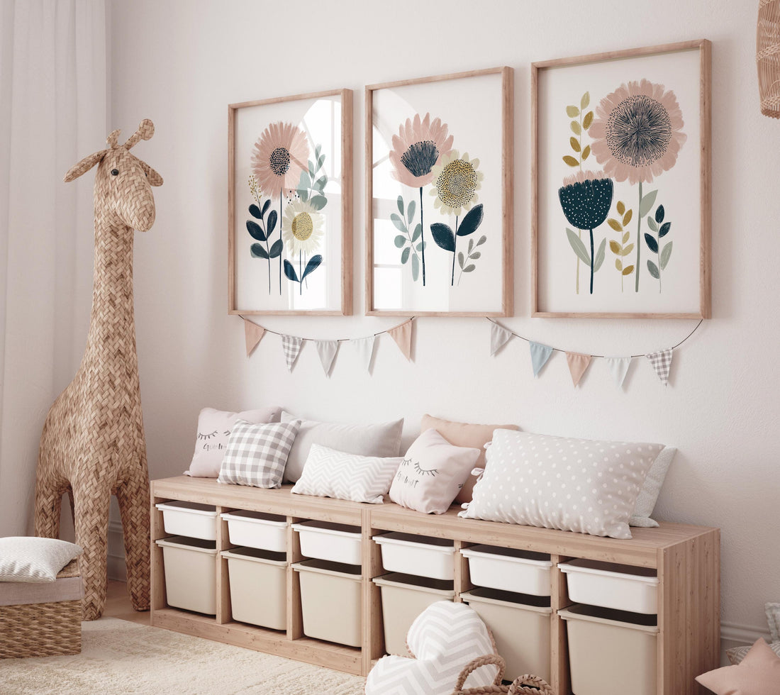 Blush Floral Nursery Wall Art Set of 3, Boho Flower Prints