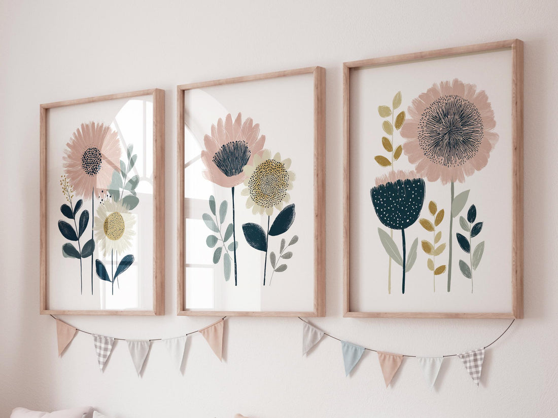 Blush Floral Nursery Wall Art Set of 3, Boho Flower Prints