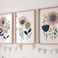 Blush Floral Nursery Wall Art Set of 3, Boho Flower Prints