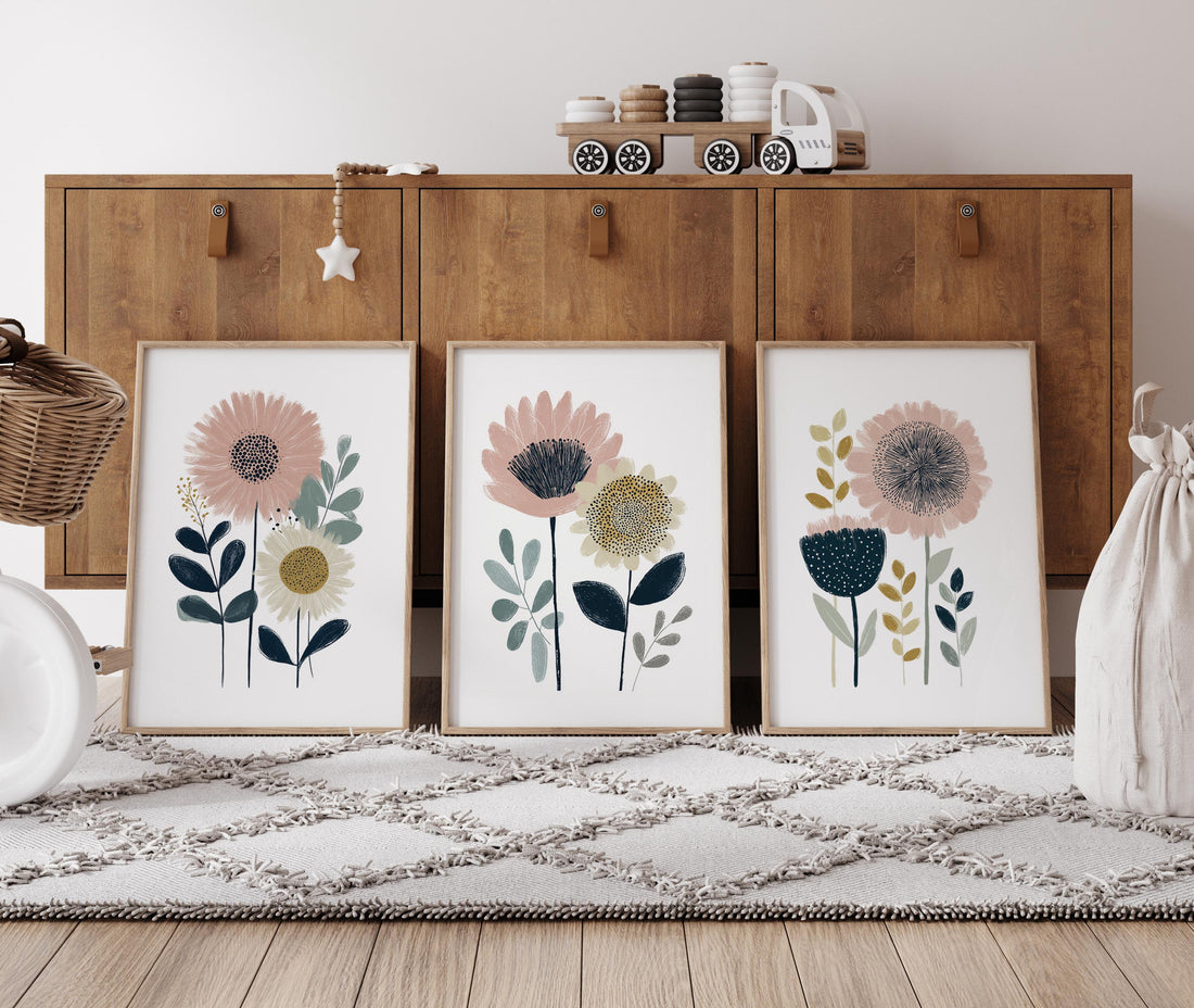 Blush Floral Nursery Wall Art Set of 3, Boho Flower Prints