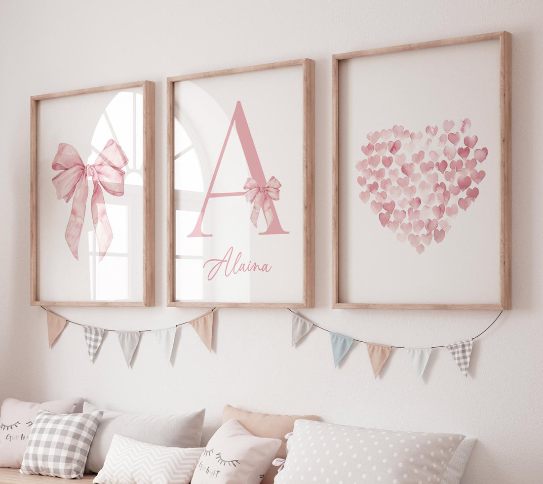 Pink Bow Nursery Print, Girl Name Wall Art