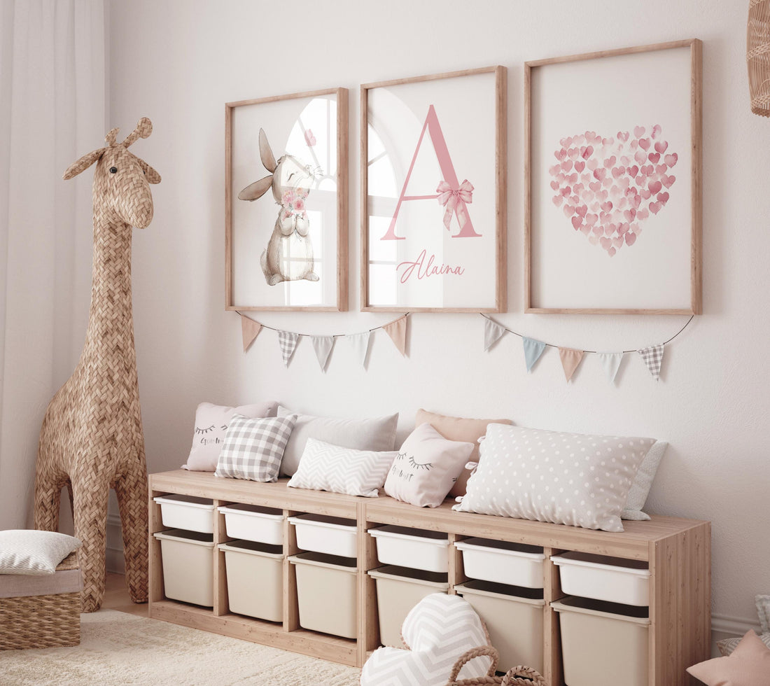 Personalized Girl Nursery Wall Art Set, Bunny Nursery Prints