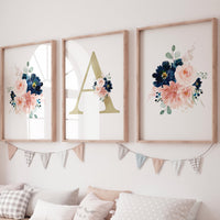 Blush Navy Floral Nursery Decor: Girl's Name Print