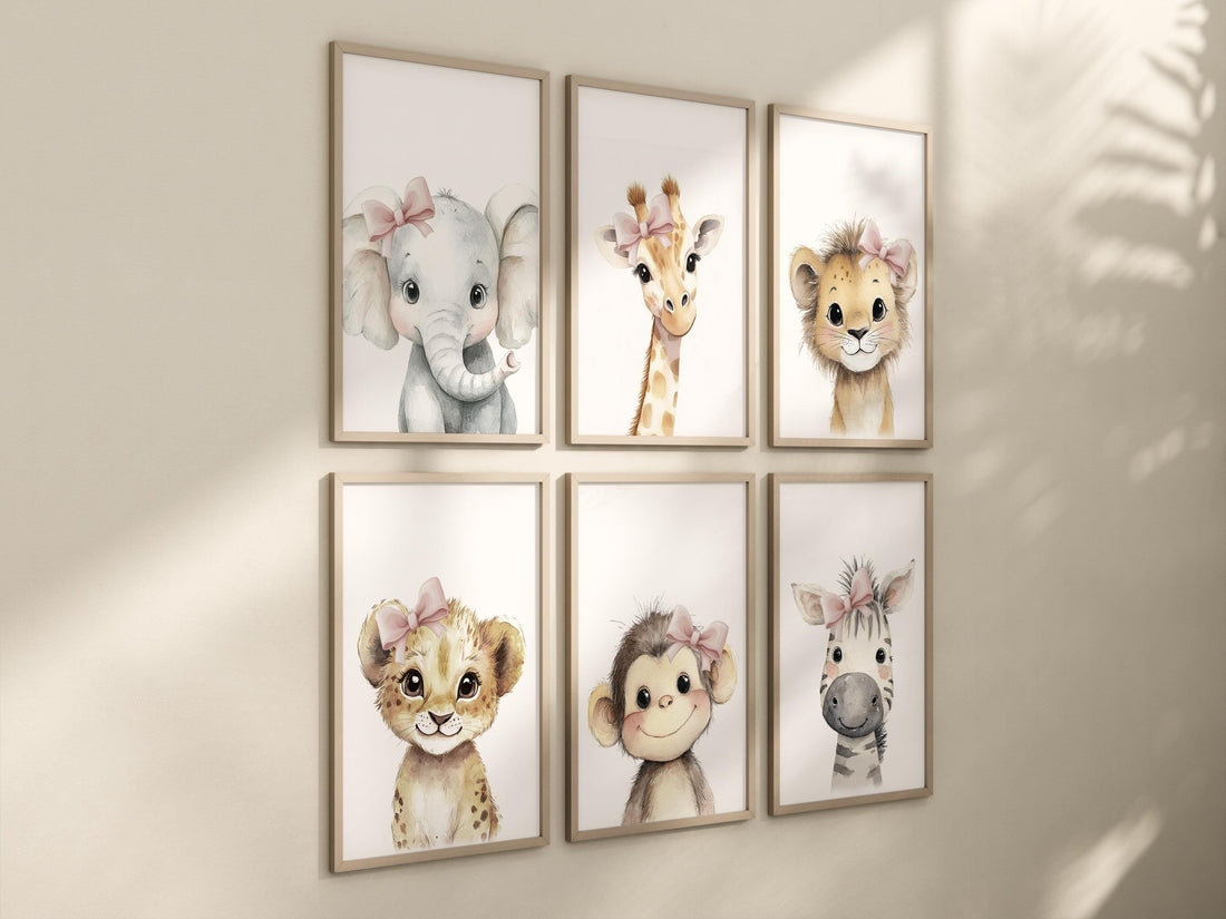 Girl Safari Nursery Wall Art Set of 6, Baby Animal Prints with Pink Bows
