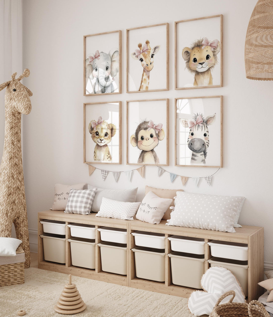 Girl Safari Nursery Wall Art Set of 6, Baby Animal Prints with Pink Bows