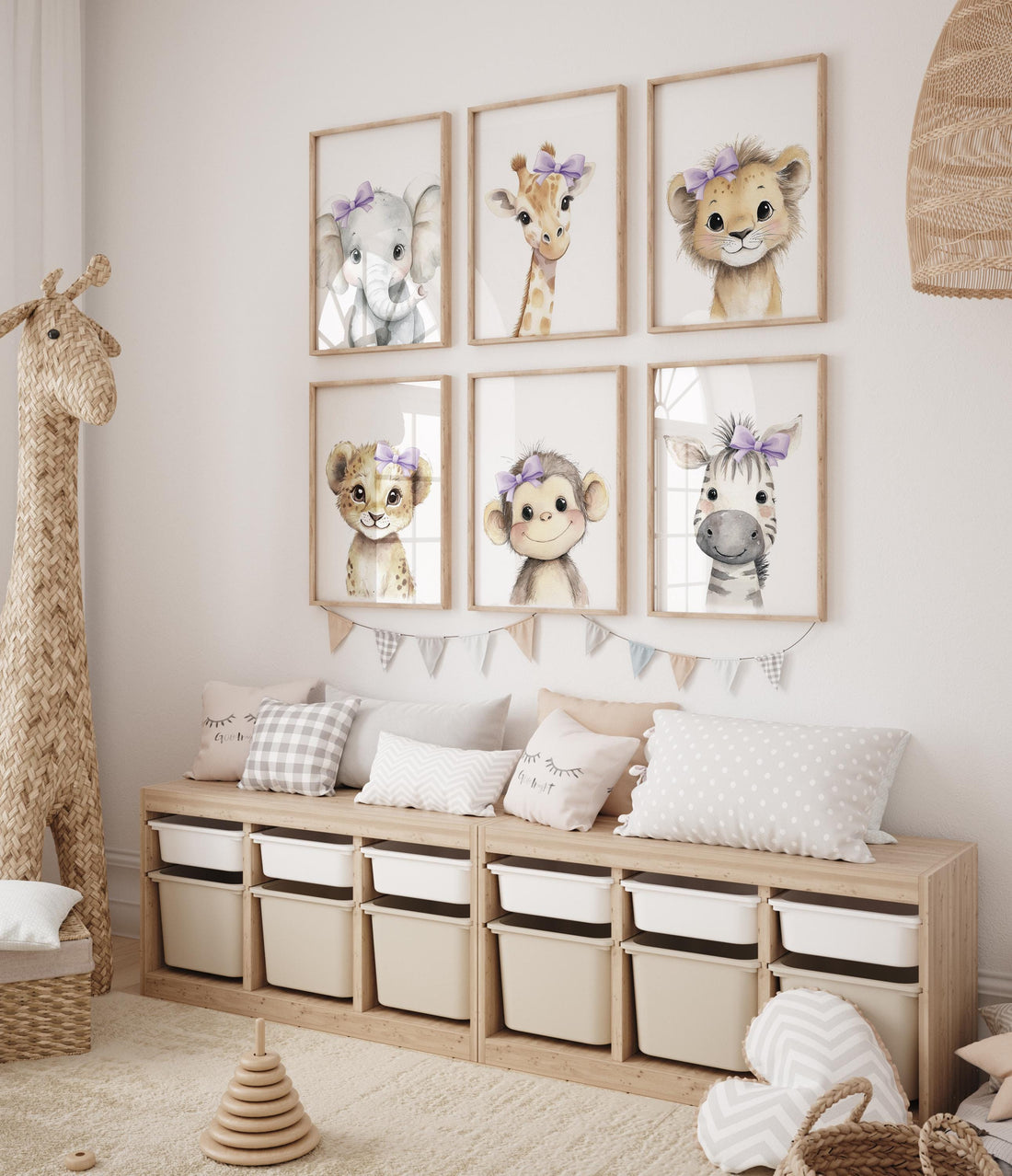 Girl Safari Nursery Wall Art Set of 6, Purple Bow Baby Animal Prints