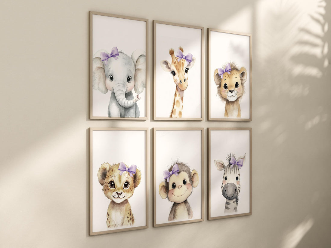 Girl Safari Nursery Wall Art Set of 6, Purple Bow Baby Animal Prints