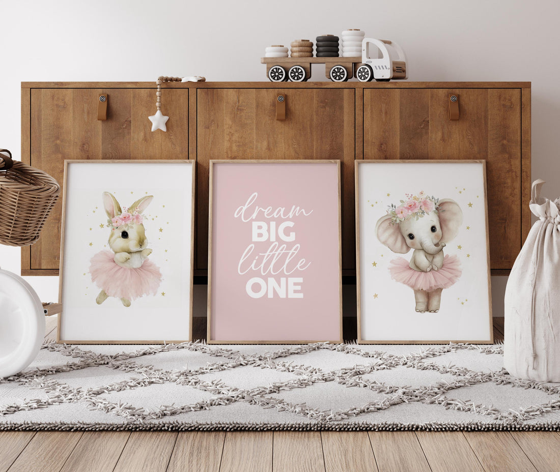 Ballerina Nursery Wall Art Set of 3, Bunny and Elephant Prints
