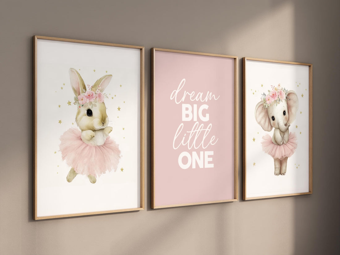 Ballerina Nursery Wall Art Set of 3, Bunny and Elephant Prints