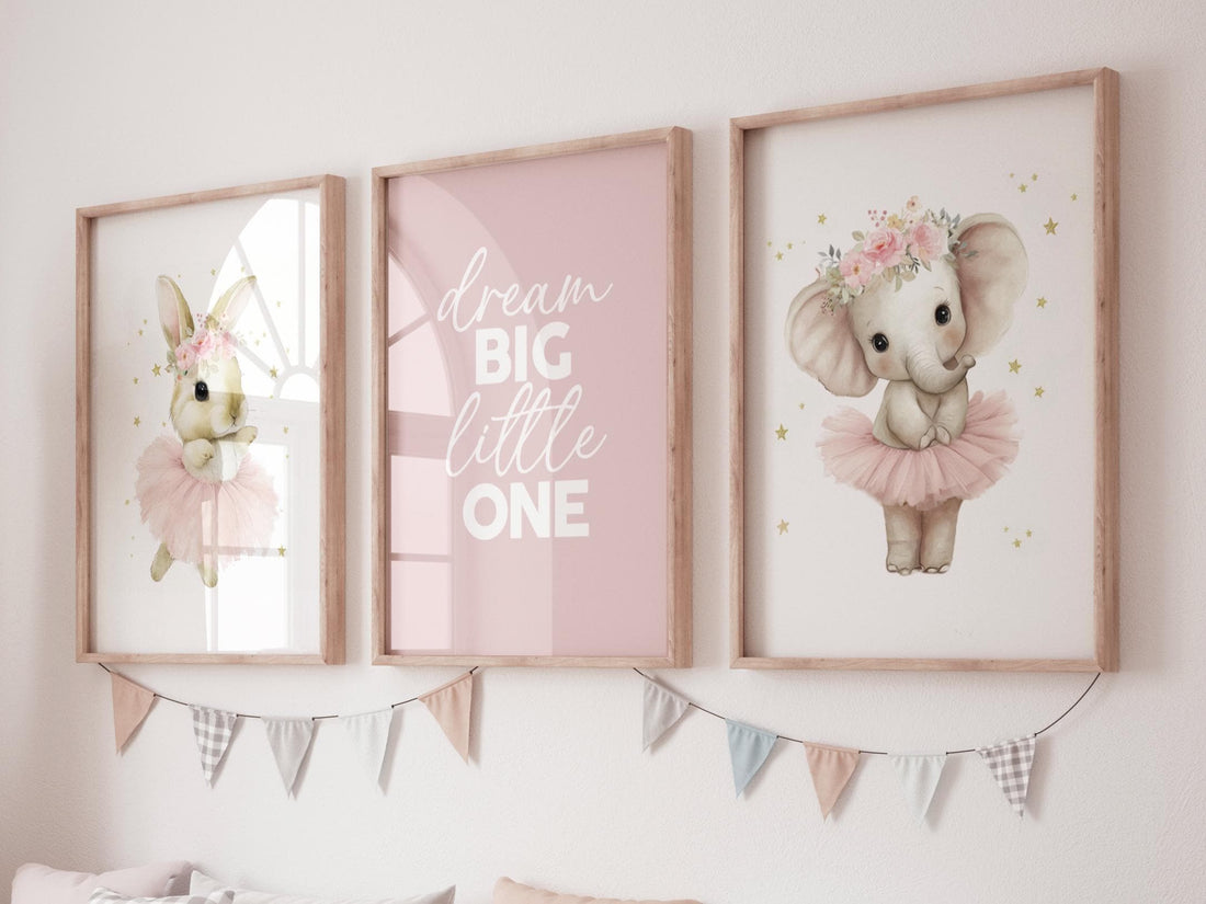 Ballerina Nursery Wall Art Set of 3, Bunny and Elephant Prints