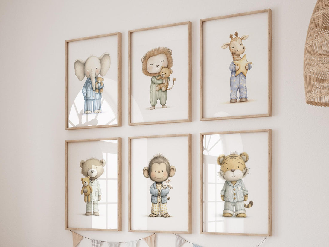 Nursery Wall Art Set, Pajama Animals, Baby Safari Animals